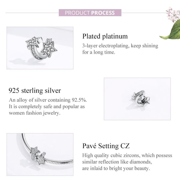 Shooting Stars Sterling Silver Zircon CZ Bead Charm Pendant Bracelet Necklace