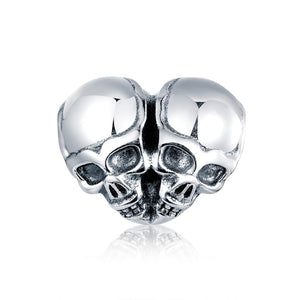 Two Skulls Heart Sterling Silver Bead Charm Pendant Bracelet Necklace