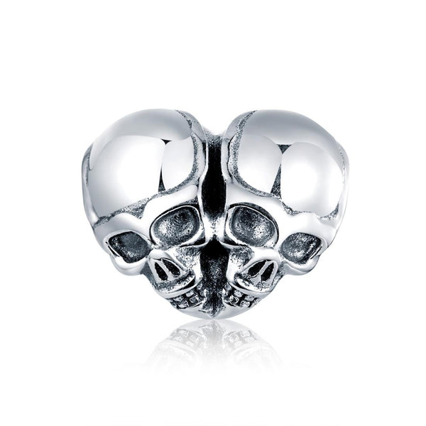 Two Skulls Heart Sterling Silver Bead Charm Pendant Bracelet Necklace