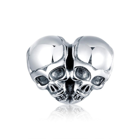 Two Skulls Heart Sterling Silver Bead Charm Pendant Bracelet Necklace
