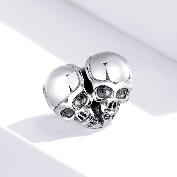 Two Skulls Heart Sterling Silver Bead Charm Pendant Bracelet Necklace