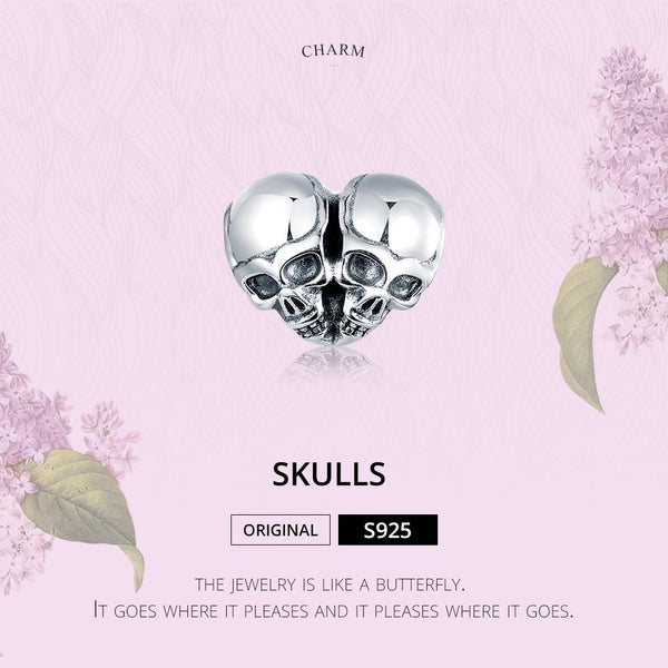 Two Skulls Heart Sterling Silver Bead Charm Pendant Bracelet Necklace