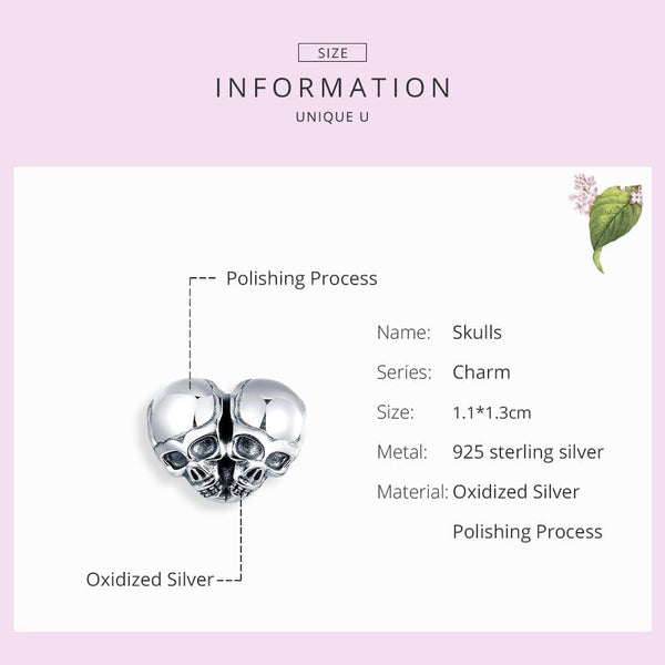 Two Skulls Heart Sterling Silver Bead Charm Pendant Bracelet Necklace