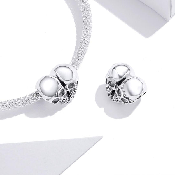 Two Skulls Heart Sterling Silver Bead Charm Pendant Bracelet Necklace