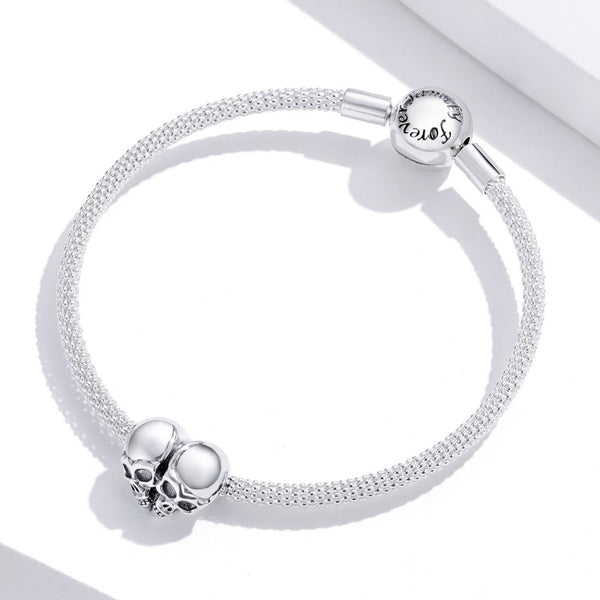 Two Skulls Heart Sterling Silver Bead Charm Pendant Bracelet Necklace