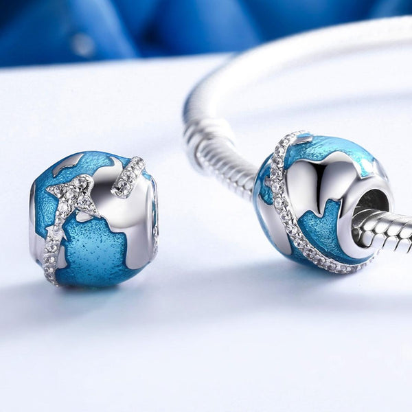 World Travel Aeroplane Enamel Sterling Silver Bead Charm Bracelet Necklace