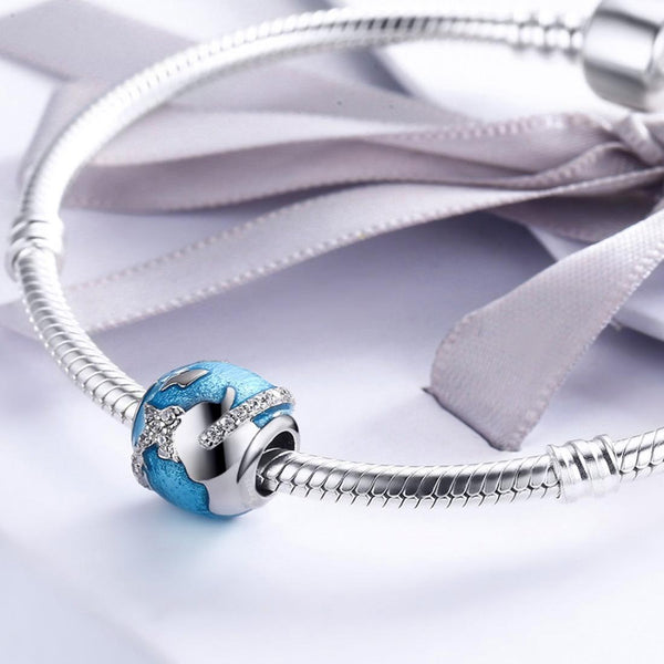World Travel Aeroplane Enamel Sterling Silver Bead Charm Bracelet Necklace