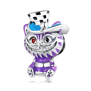 Cheshire Cat Enamel Sterling Silver Zircon CZ Bead Charm Pendant Bracelet Necklace