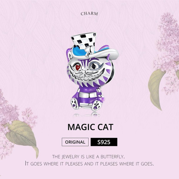 Cheshire Cat Enamel Sterling Silver Zircon CZ Bead Charm Pendant Bracelet Necklace