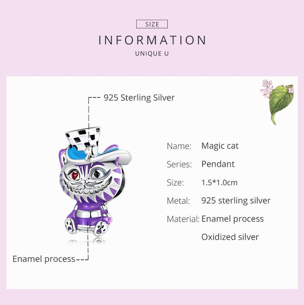 Cheshire Cat Enamel Sterling Silver Zircon CZ Bead Charm Pendant Bracelet Necklace