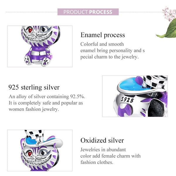 Cheshire Cat Enamel Sterling Silver Zircon CZ Bead Charm Pendant Bracelet Necklace
