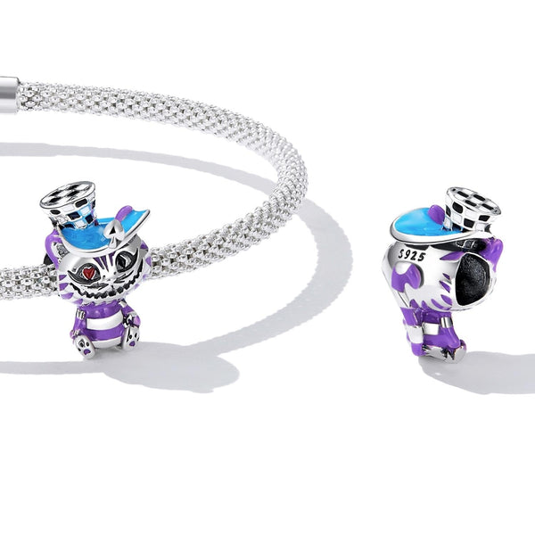 Cheshire Cat Enamel Sterling Silver Zircon CZ Bead Charm Pendant Bracelet Necklace