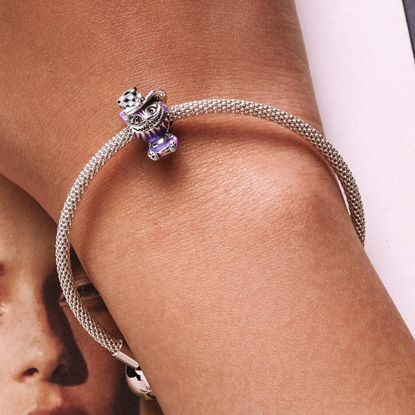 Cheshire Cat Enamel Sterling Silver Zircon CZ Bead Charm Pendant Bracelet Necklace