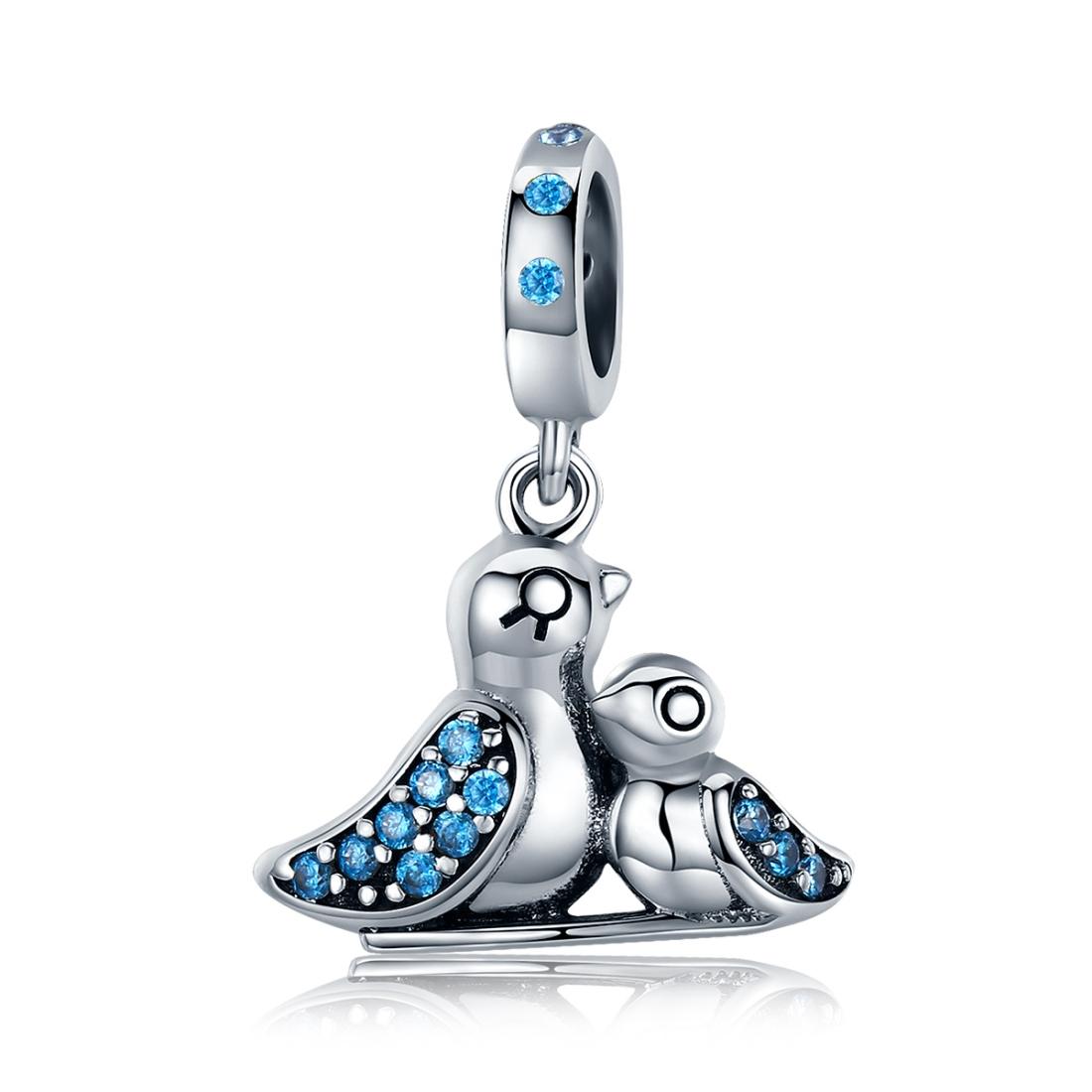 Mother Baby Bird Sterling Silver Zircon CZ Bead Charm Pendant Bracelet Necklace