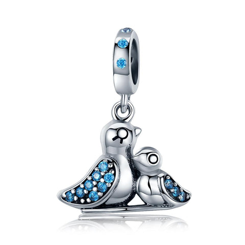 Mother Baby Bird Sterling Silver Zircon CZ Bead Charm Pendant Bracelet Necklace