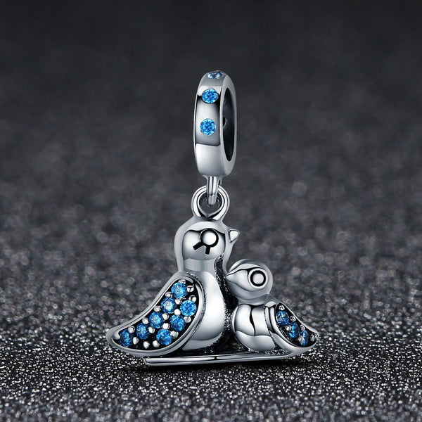 Mother Baby Bird Sterling Silver Zircon CZ Bead Charm Pendant Bracelet Necklace
