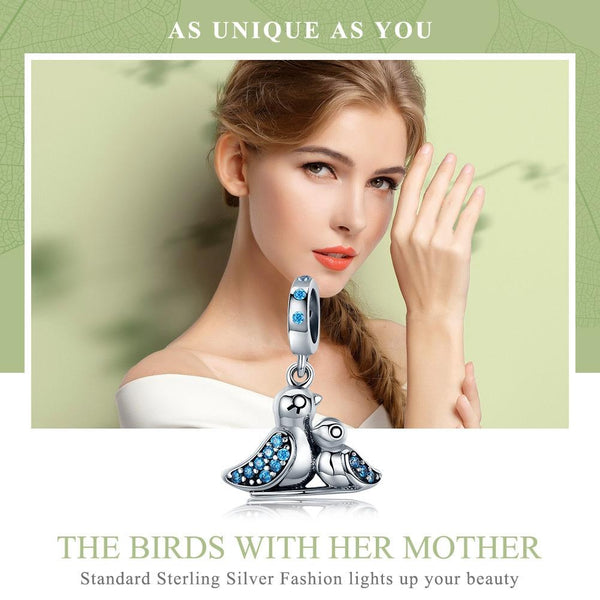 Mother Baby Bird Sterling Silver Zircon CZ Bead Charm Pendant Bracelet Necklace
