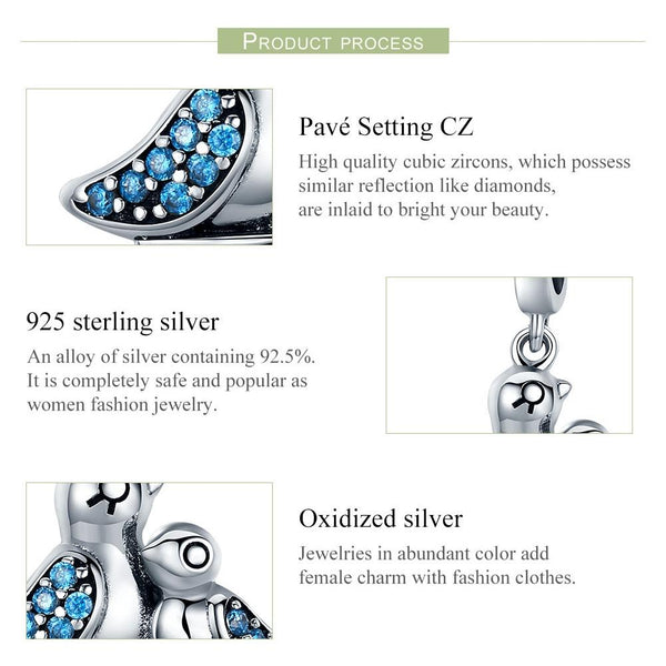 Mother Baby Bird Sterling Silver Zircon CZ Bead Charm Pendant Bracelet Necklace