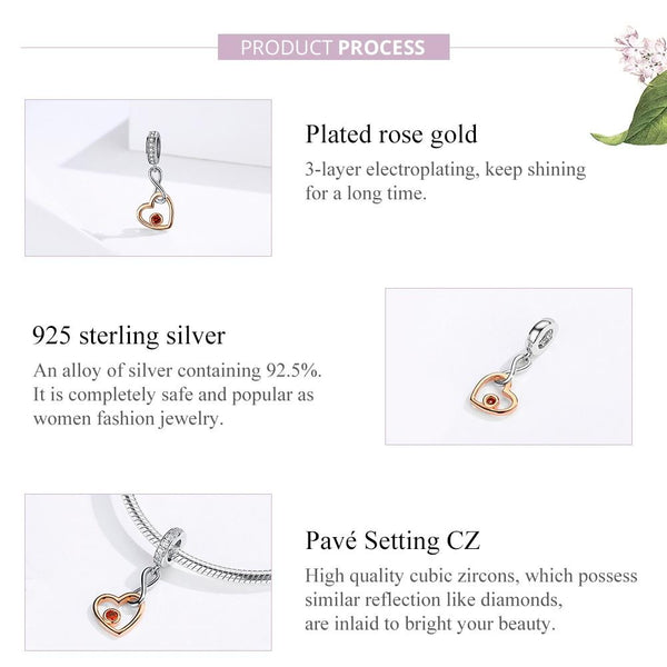 Infinity Love Heart Rose Gold Plated Sterling Silver CZ Bead Charm Bracelet Necklace