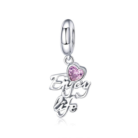 Enjoy Life Pink Crystal Heart Sterling Silver Zircon CZ Bead Charm Bracelet Necklace