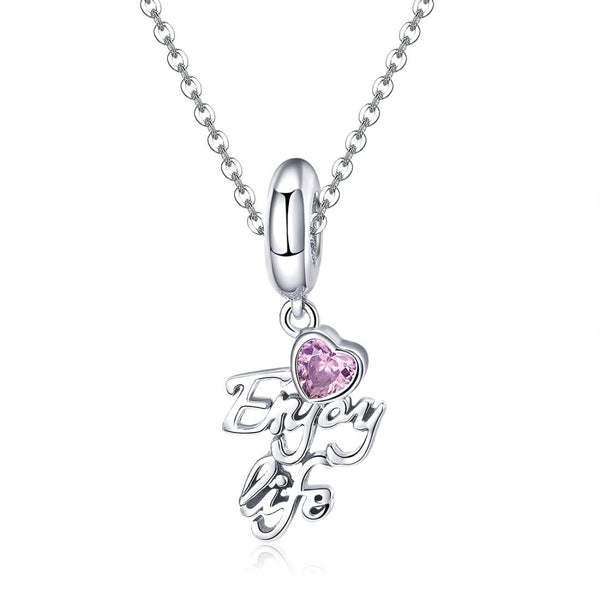 Enjoy Life Pink Crystal Heart Sterling Silver Zircon CZ Bead Charm Bracelet Necklace
