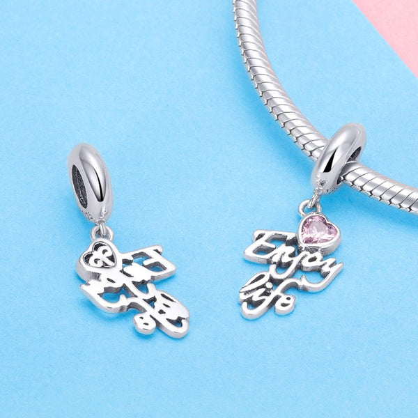 Enjoy Life Pink Crystal Heart Sterling Silver Zircon CZ Bead Charm Bracelet Necklace