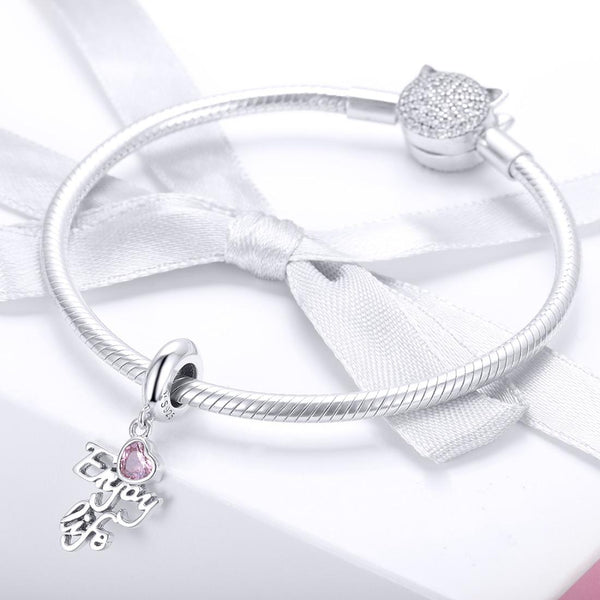 Enjoy Life Pink Crystal Heart Sterling Silver Zircon CZ Bead Charm Bracelet Necklace