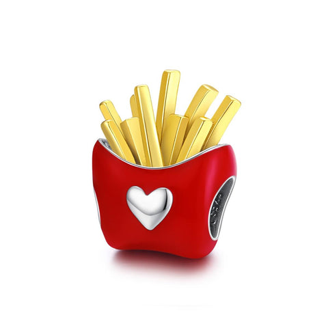 French Fries Heart Enamel Sterling Silver Bead Charm Bracelet Necklace