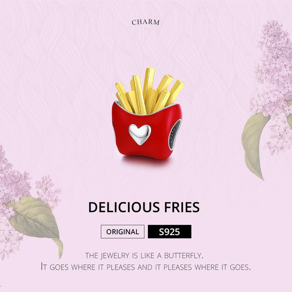 French Fries Heart Enamel Sterling Silver Bead Charm Bracelet Necklace