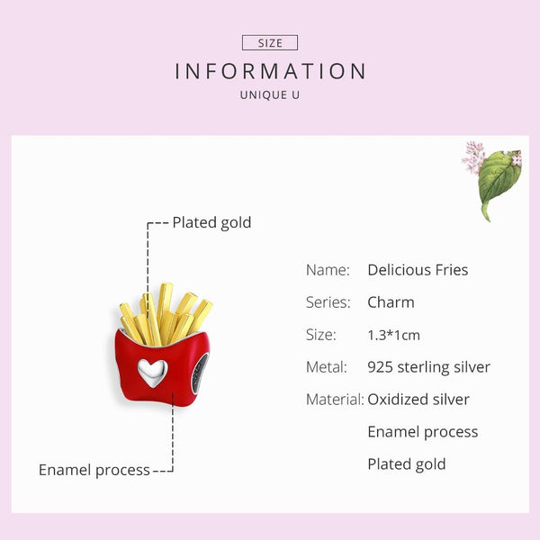 French Fries Heart Enamel Sterling Silver Bead Charm Bracelet Necklace