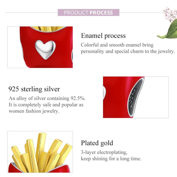 French Fries Heart Enamel Sterling Silver Bead Charm Bracelet Necklace
