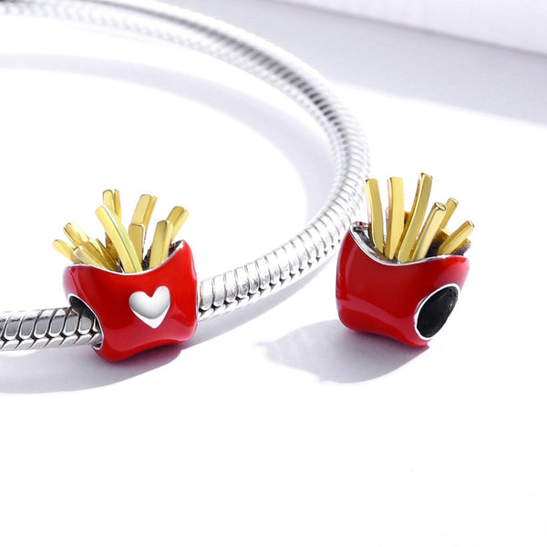 French Fries Heart Enamel Sterling Silver Bead Charm Bracelet Necklace