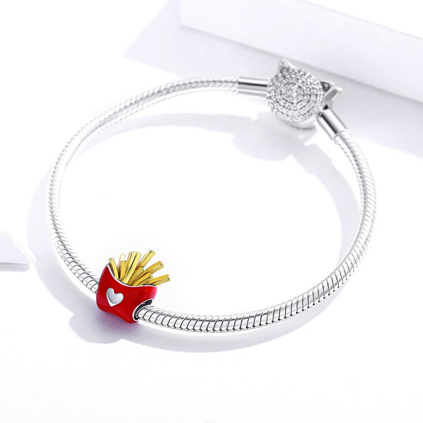 French Fries Heart Enamel Sterling Silver Bead Charm Bracelet Necklace