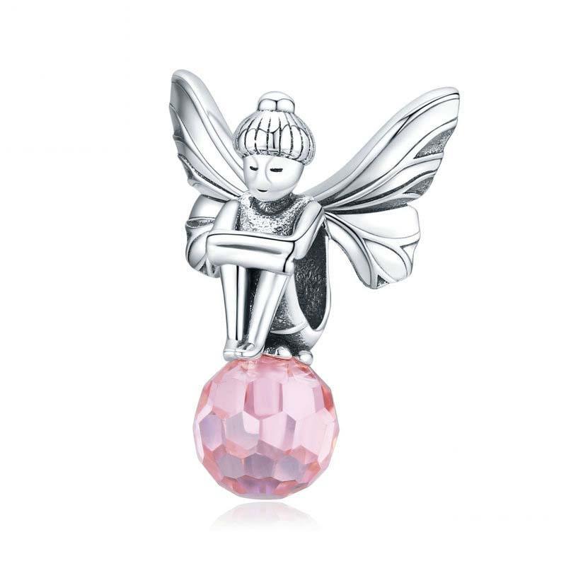 Pink Flower Fairy Sterling Silver Zircon CZ Glass Bead Charm Bracelet Necklace