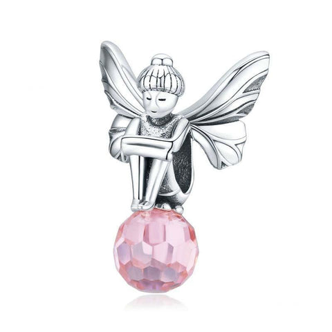 Pink Flower Fairy Sterling Silver Zircon CZ Glass Bead Charm Bracelet Necklace