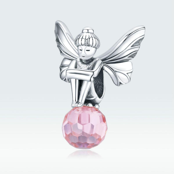 Pink Flower Fairy Sterling Silver Zircon CZ Glass Bead Charm Bracelet Necklace