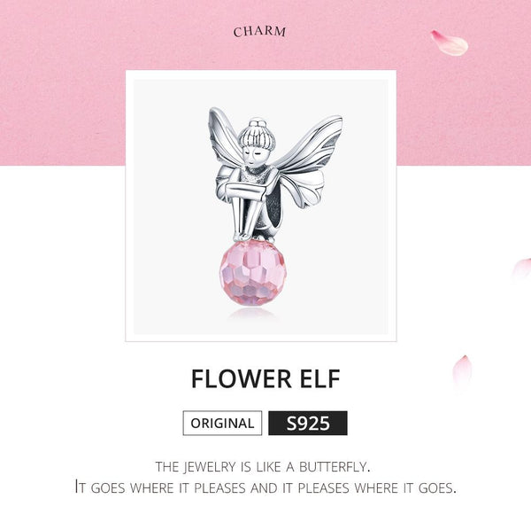 Pink Flower Fairy Sterling Silver Zircon CZ Glass Bead Charm Bracelet Necklace