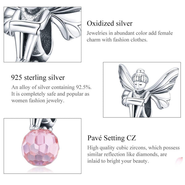 Pink Flower Fairy Sterling Silver Zircon CZ Glass Bead Charm Bracelet Necklace