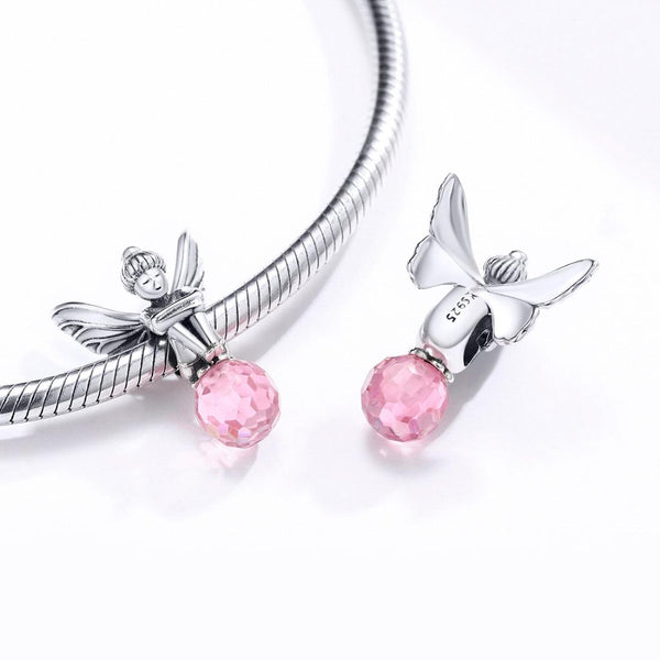 Pink Flower Fairy Sterling Silver Zircon CZ Glass Bead Charm Bracelet Necklace