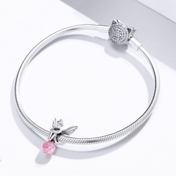 Pink Flower Fairy Sterling Silver Zircon CZ Glass Bead Charm Bracelet Necklace