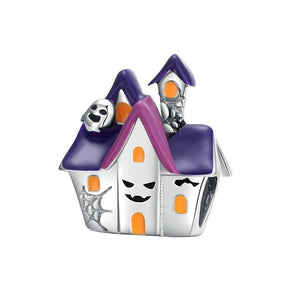 Purple Ghost Halloween House Enamel Sterling Silver Bead Charm Bracelet Necklace