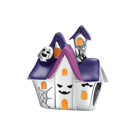 Purple Ghost Halloween House Enamel Sterling Silver Bead Charm Bracelet Necklace