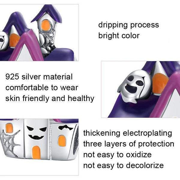 Purple Ghost Halloween House Enamel Sterling Silver Bead Charm Bracelet Necklace