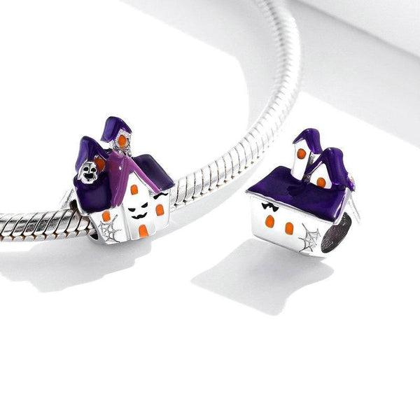 Purple Ghost Halloween House Enamel Sterling Silver Bead Charm Bracelet Necklace