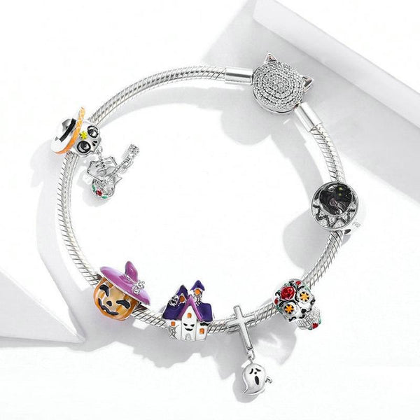 Purple Ghost Halloween House Enamel Sterling Silver Bead Charm Bracelet Necklace