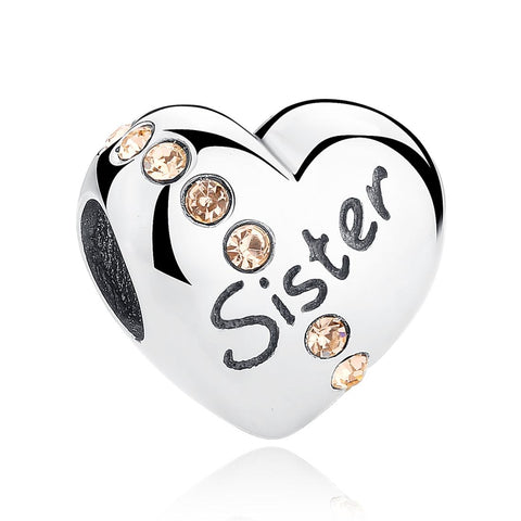Sister Heart Sterling Silver Spacer Bead Charm Bracelet Necklace