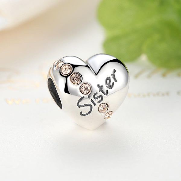Sister Heart Sterling Silver Spacer Bead Charm Bracelet Necklace
