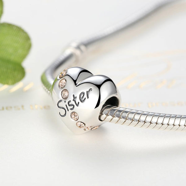 Sister Heart Sterling Silver Spacer Bead Charm Bracelet Necklace