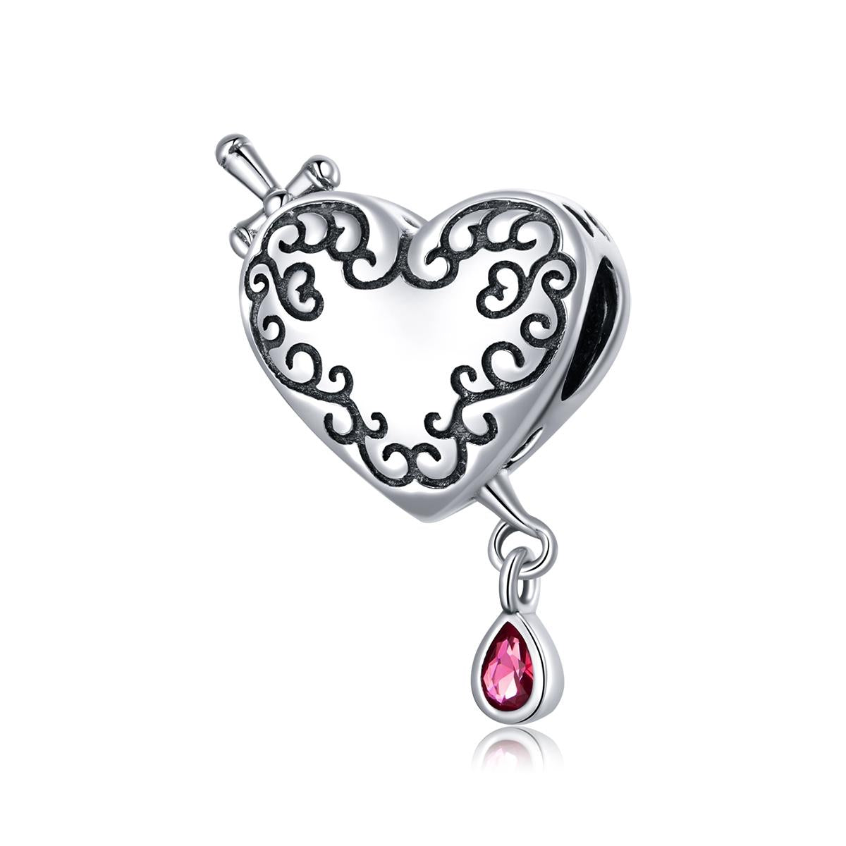 Bleeding Dagger Heart Sterling Silver Zircon CZ Bead Charm Bracelet Necklace