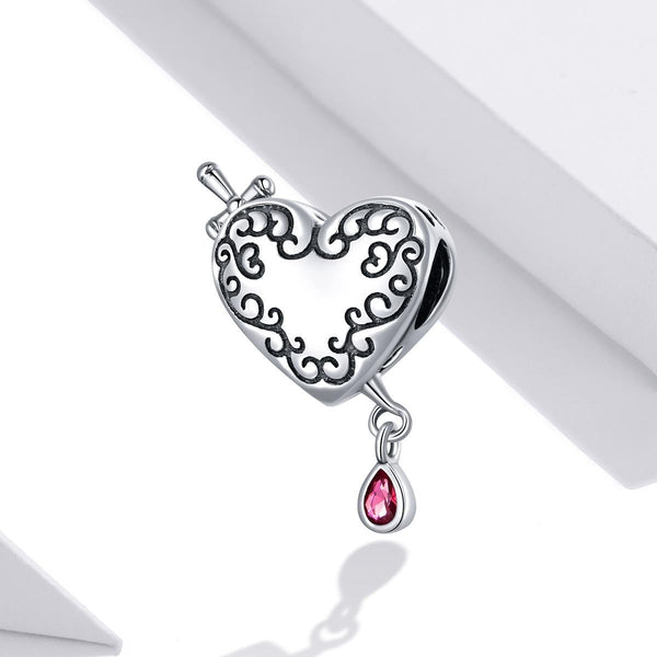 Bleeding Dagger Heart Sterling Silver Zircon CZ Bead Charm Bracelet Necklace